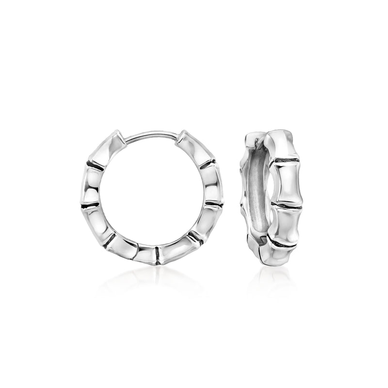 Sterling silver bamboo-style hoop earrings with segmented texture and hinged closure
