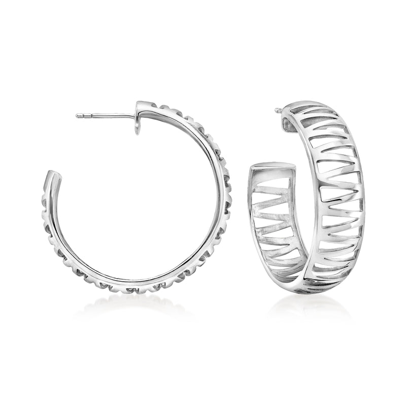 Zina sterling silver zigzag hoop earrings with ridged zigzag band, hinged hoop style