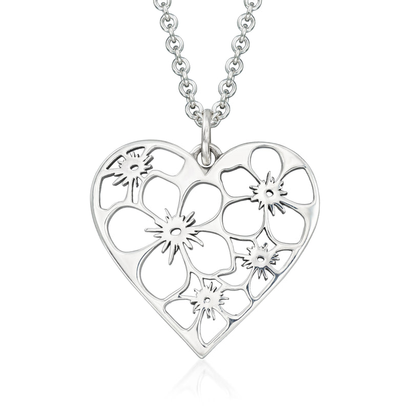 Sterling silver heart pendant with flower cut-out pattern and hanging loop