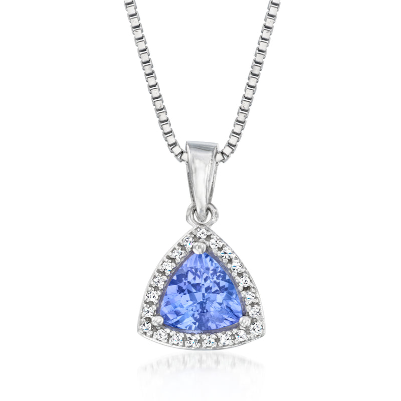 Vintage tanzanite pendant necklace in white gold, blue stone with diamond halo