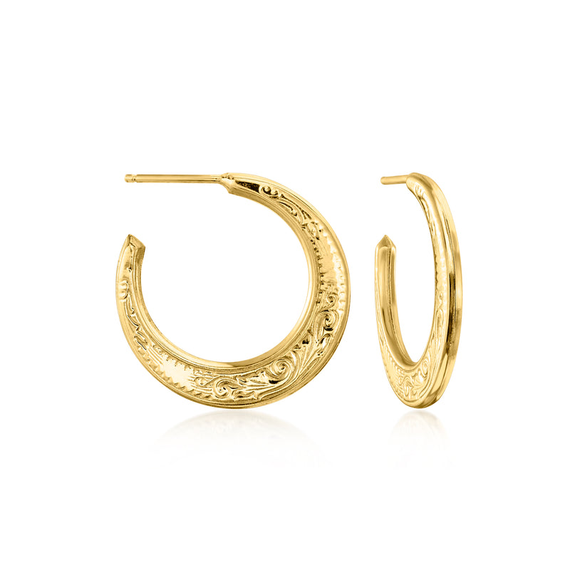Vintage 14kt yellow gold scroll hoop post earrings, engraved crescent design