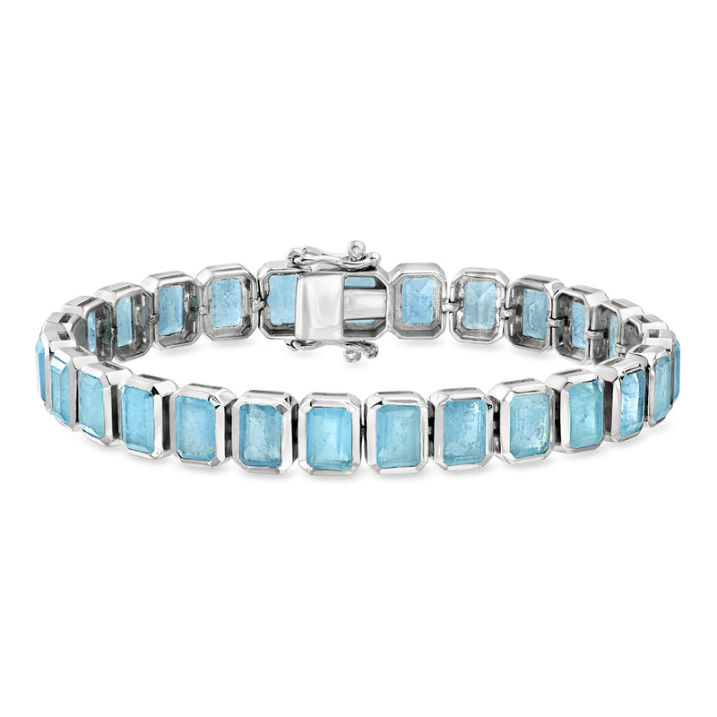Sterling silver aquamarine bracelet with bezel-set rectangular light-blue stones