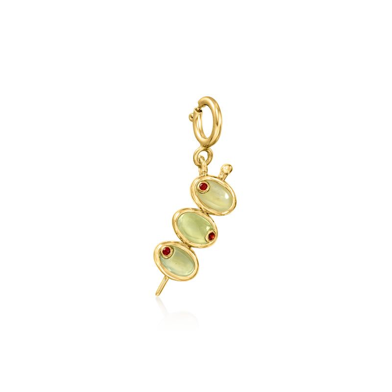 18kt gold over sterling olive charm with green stones and red accents, dangling loop