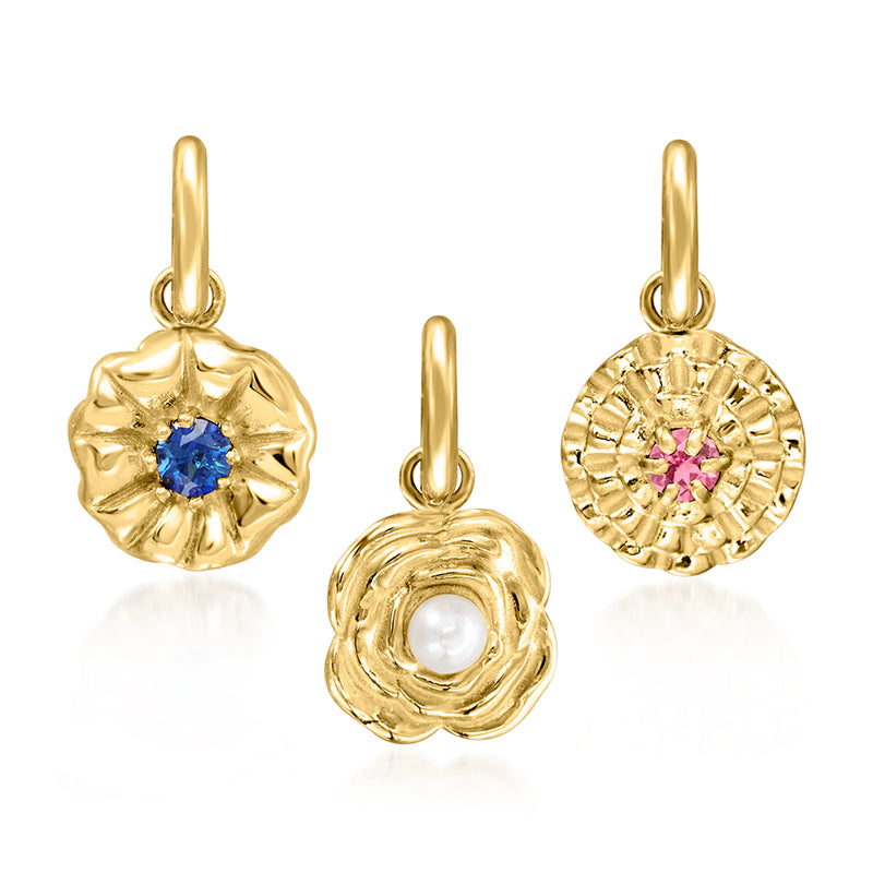 14kt yellow gold flower charm set with blue and pink gemstones and a pearl