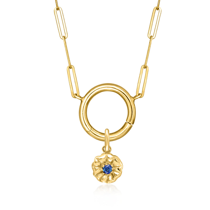 14kt yellow gold open-ring necklace with dangling flower gemstone charm