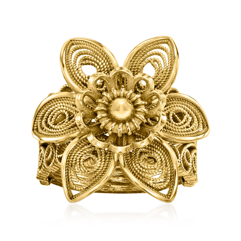 Gold filigree flower ring with layered petal design and small round center