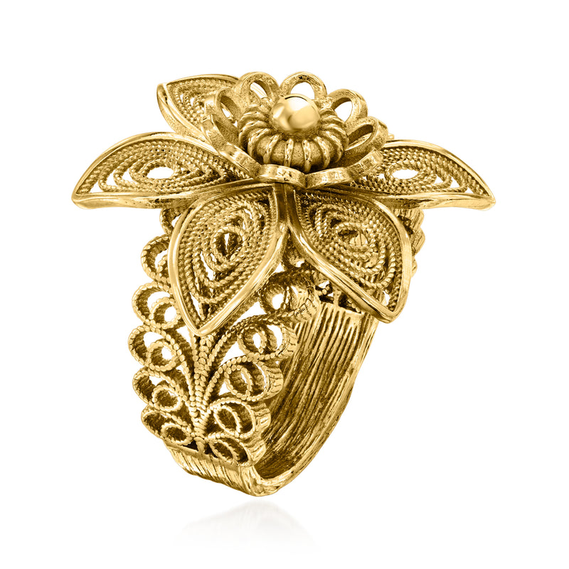 Gold filigree flower ring, side view with scalloped petals and round center