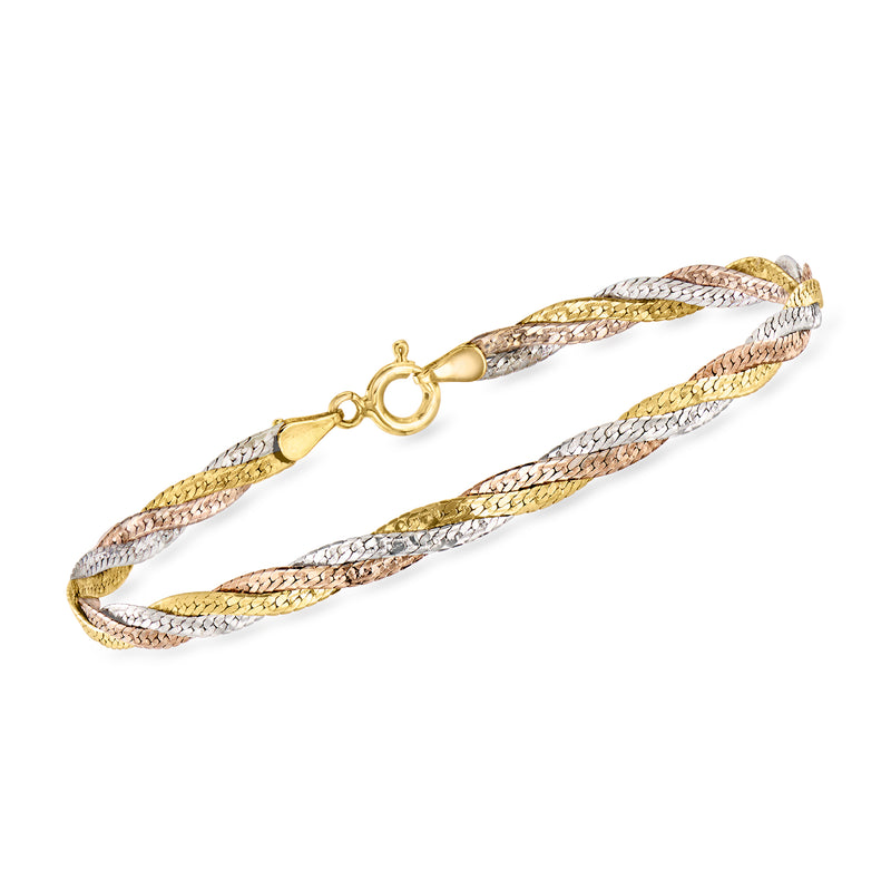 Vintage tri-colored gold twisted bracelet with round clasp and textured links
