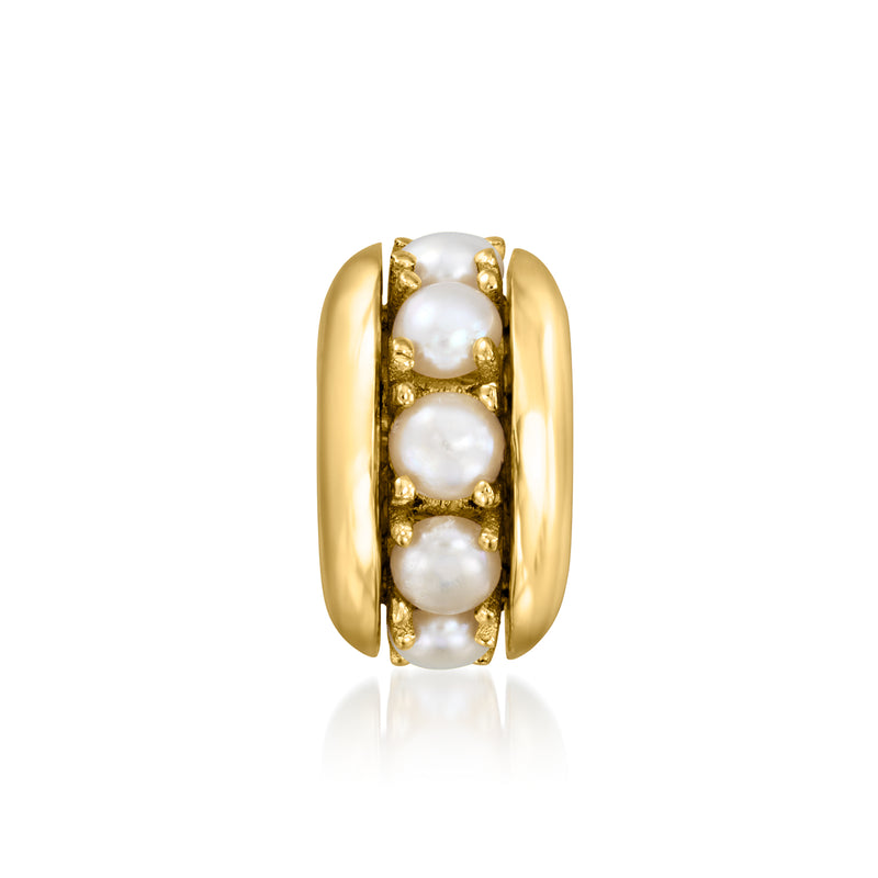 Cultured pearl charm with three white beads, 18kt gold over sterling bezel