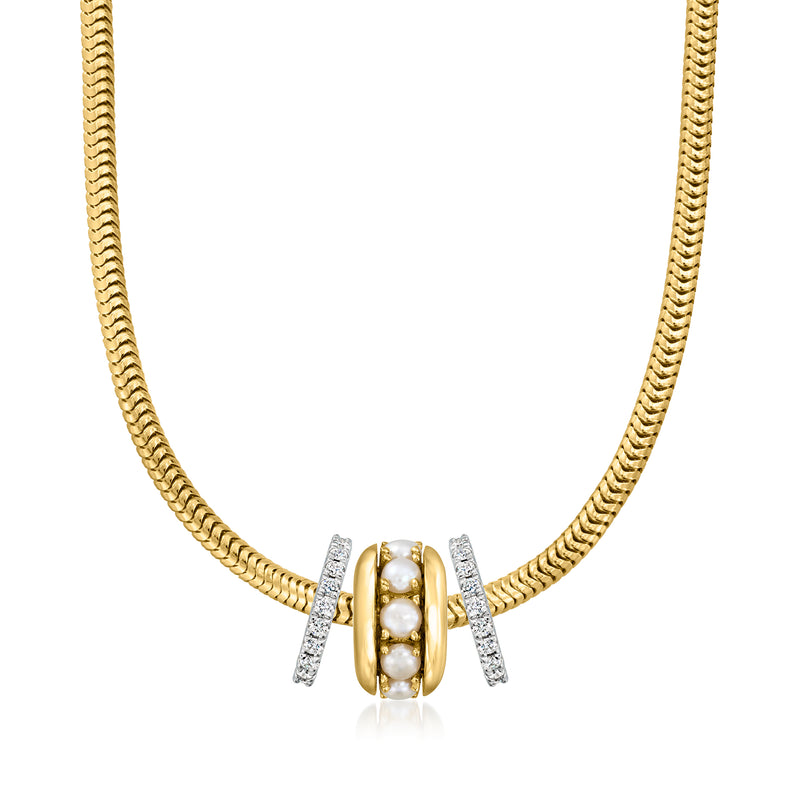 Gold chain necklace with cultured pearl bead charm and two silver pave bars