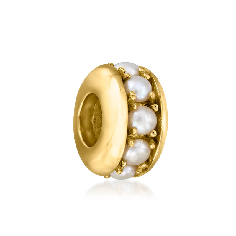 Cultured pearl bead charm with gold ring back and three white pearls