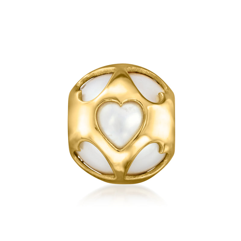 18kt gold heart-bead charm with white pearl in gold setting, oval cutouts