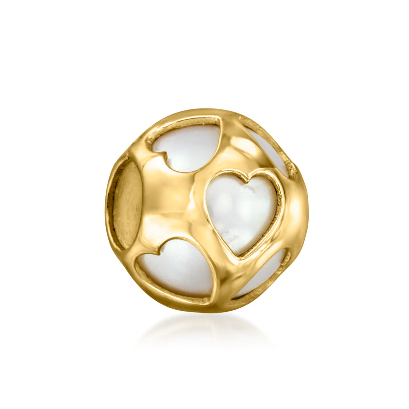 Gold heart-bead charm with white pearl centerpiece and heart-shaped cutout