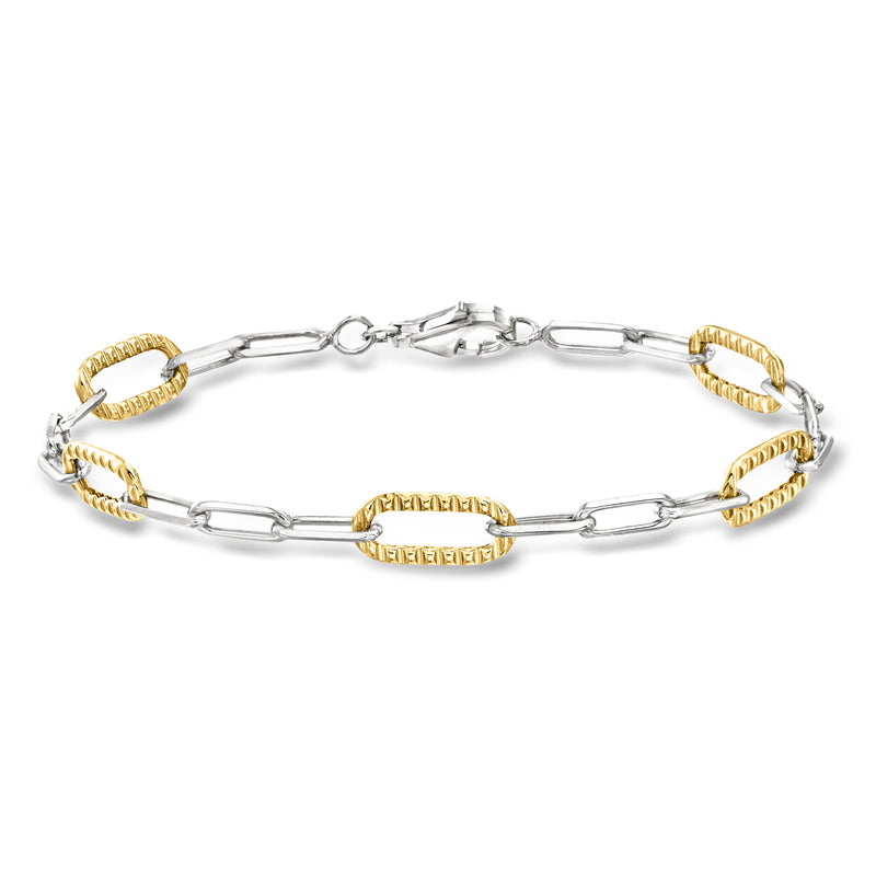 Sterling silver and gold paper-clip link bracelet with textured oval center links
