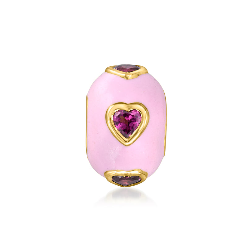 Pink enamel heart bead charm with purple rhodolite heart accents, 18kt gold over sterling