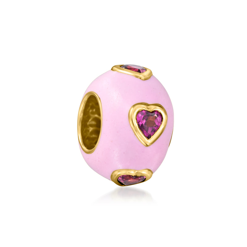 Pink enamel heart bead charm with purple rhodolite heart details, gold bezel caps