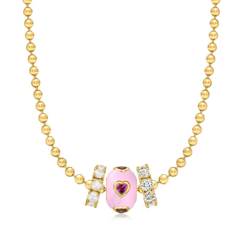 Gold ball chain necklace featuring pink enamel heart bead charm with purple heart accent