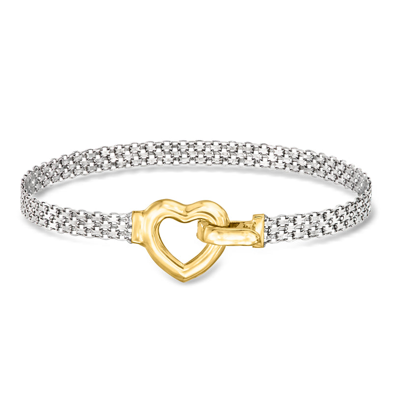 Sterling silver bismark-link bracelet with gold heart clasp and heart charm