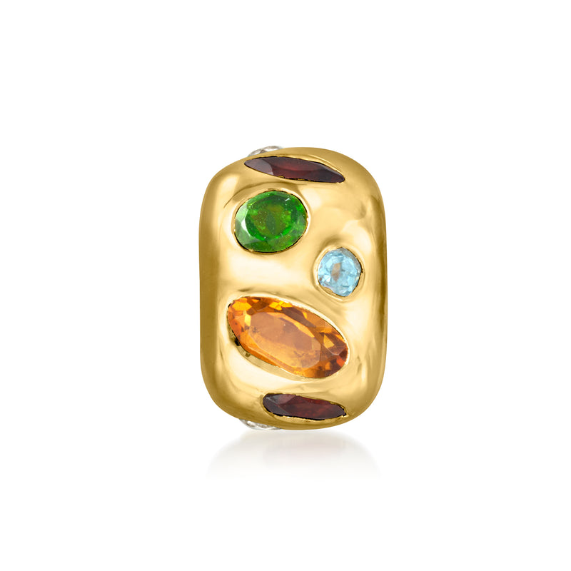 Gold bead charm with green, orange, and blue stones in raised oval settings