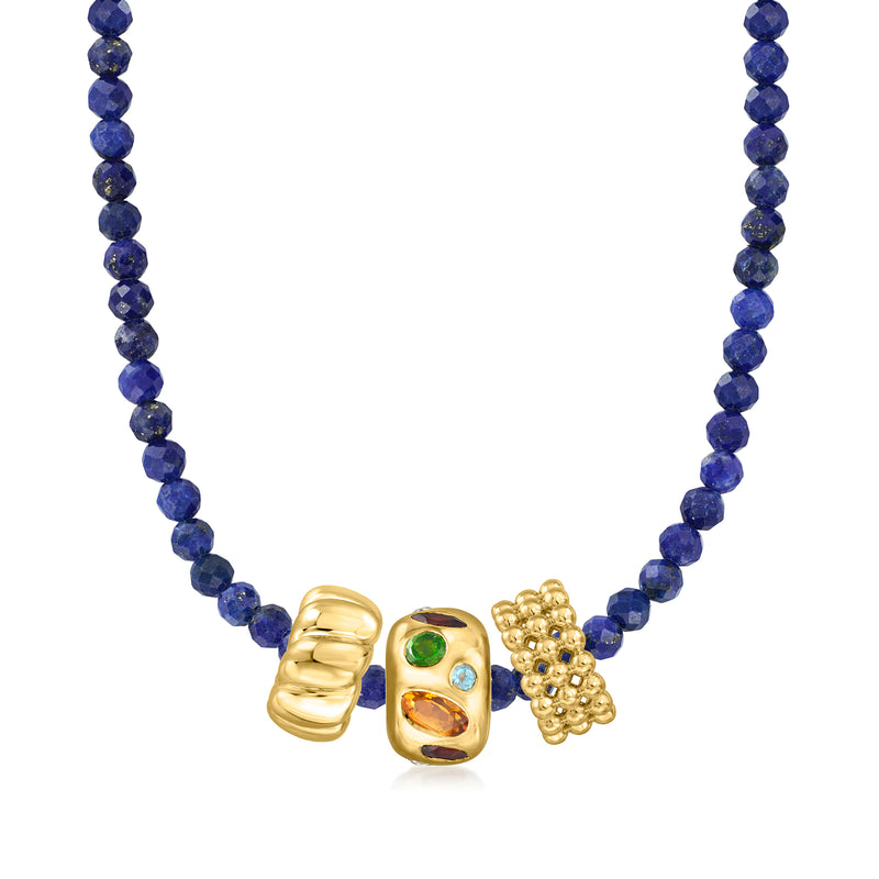 Blue beaded necklace with gold multi-gemstone charm bead and small gold bead cluster