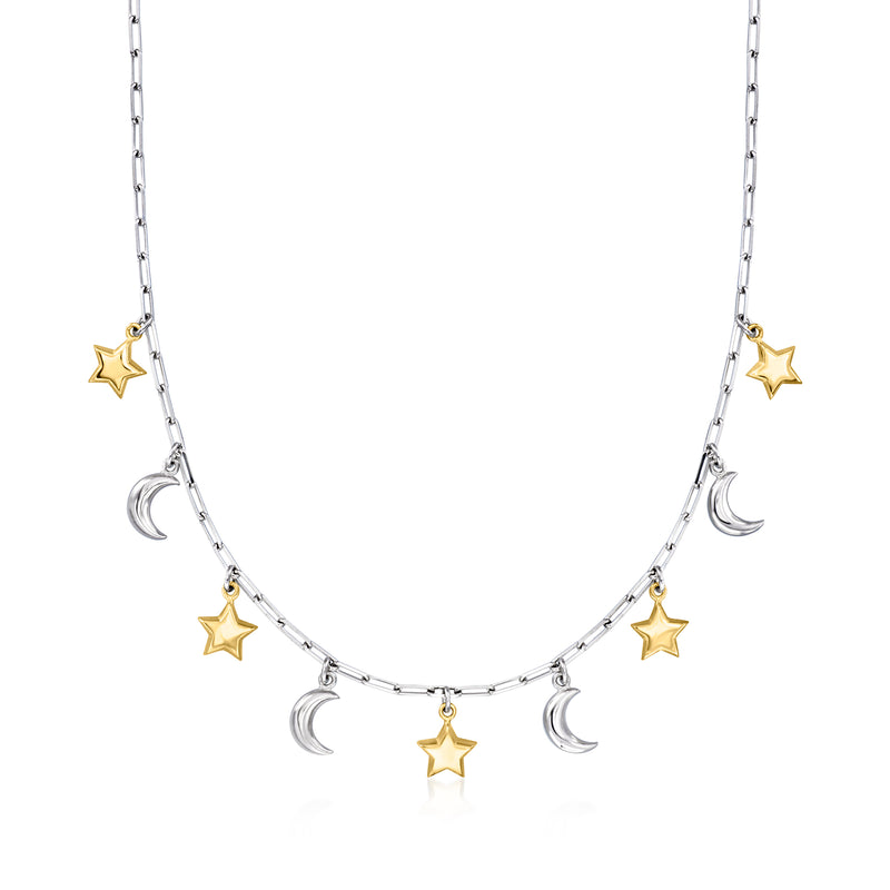 Sterling silver necklace with gold star and silver crescent charm links
