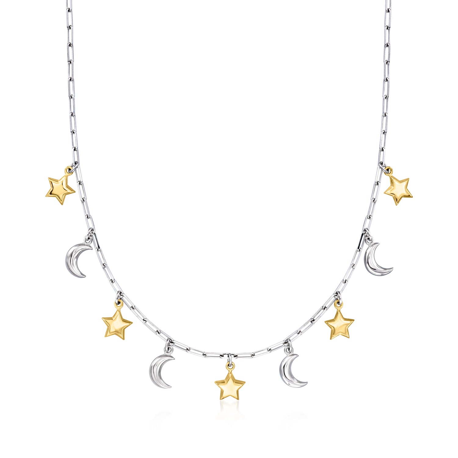 Sterling Silver and 18kt Gold Over Sterling Celestial Paper Clip Link Necklace