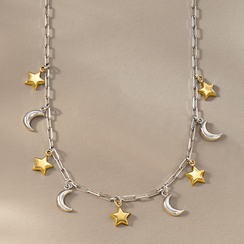 Sterling silver link necklace with gold star charms and crescent moon pendants