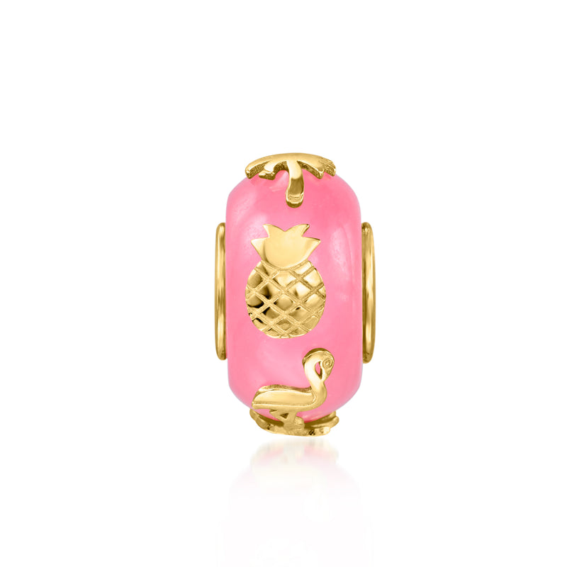 Pink tropical bead charm with gold hoop, pineapple and palm motifs