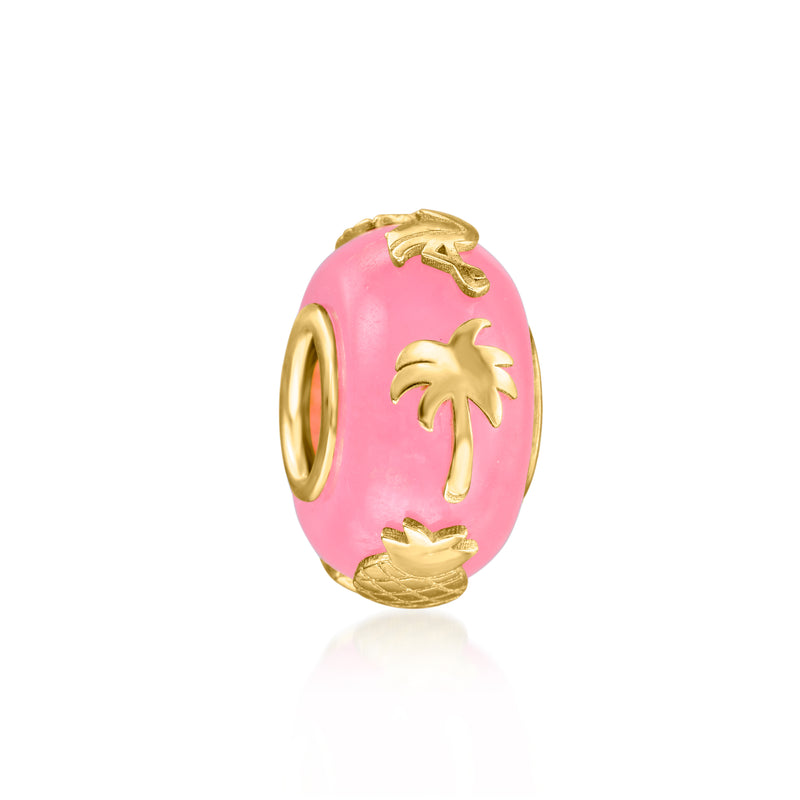 Pink tropical bead charm with gold rim and palm tree motif, 3D design