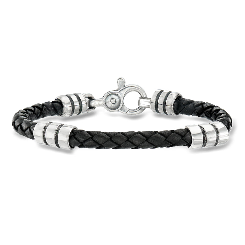 Men's braided black leather bracelet with sterling silver clasp and round spacers