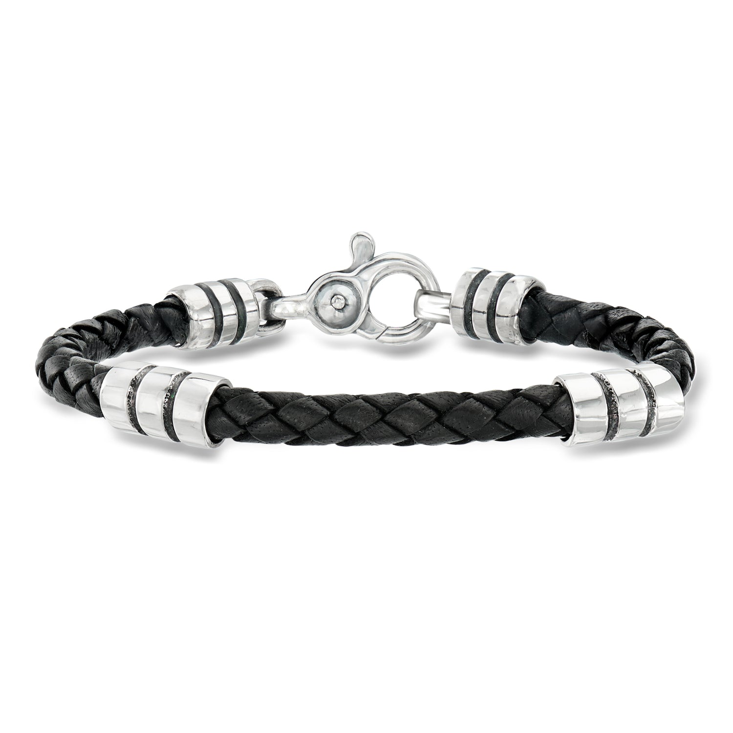 Zina Sterling Silver Men's "Stratus" Braided Black Leather Bracelet
