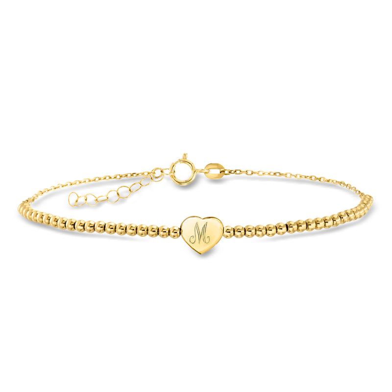 14kt yellow gold bead bracelet with small heart charm and engraved letter M
