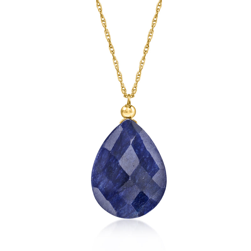 Sapphire teardrop pendant necklace in 10kt yellow gold, blue gemstone drop
