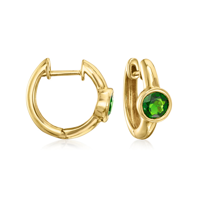 Vintage 14kt yellow gold peridot hoop earrings with green gemstone, hinged