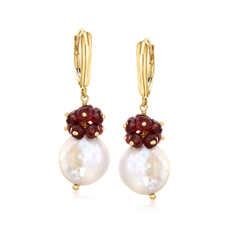 14kt yellow gold drop earrings with garnet cluster and cultured coin pearl, leverback