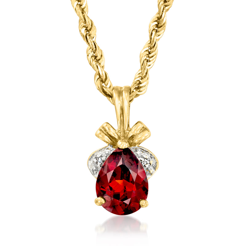 Vintage 10kt yellow gold pendant necklace with red garnet and diamond halo