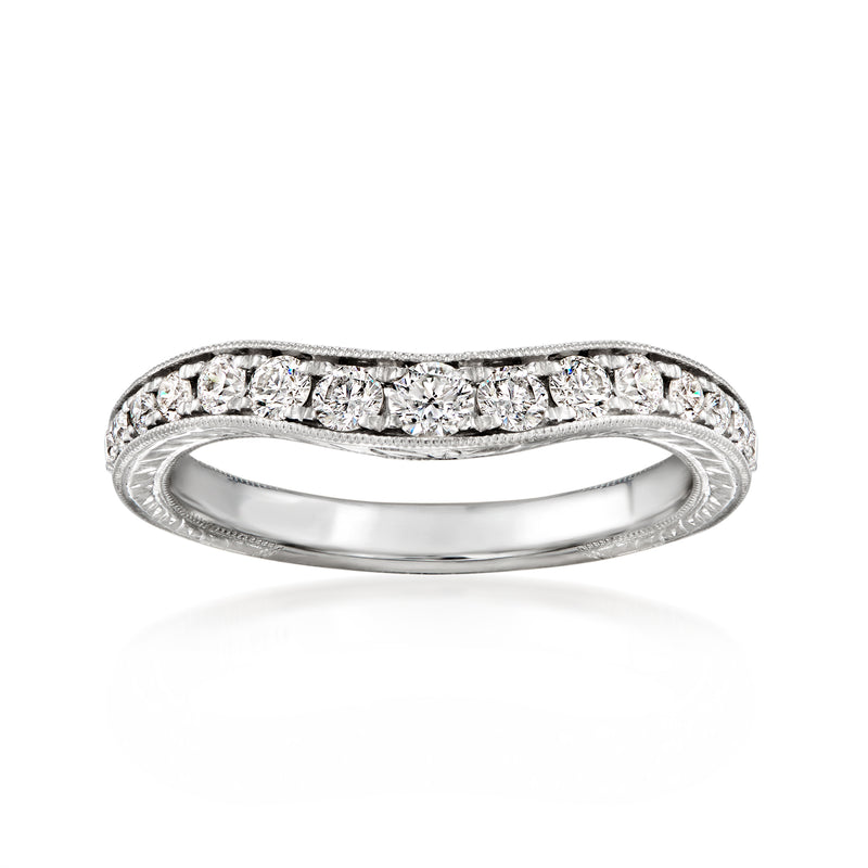 White gold diamond chevron band ring with curved top and pave settings