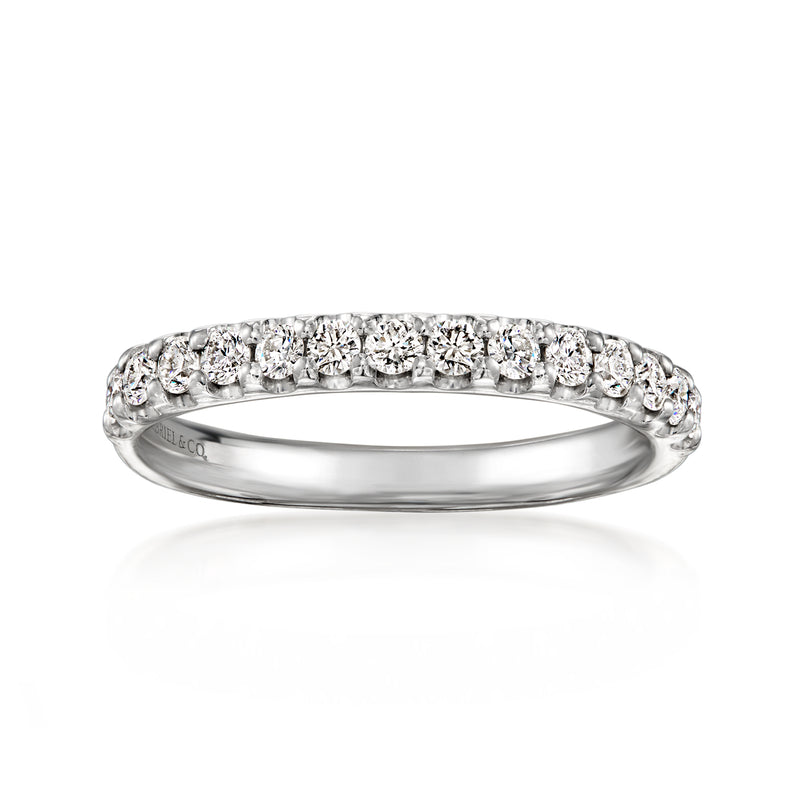 14kt white gold diamond eternity ring with round stones across the band