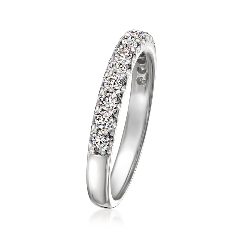 14kt white gold diamond band ring, prong-set round stones along the top half