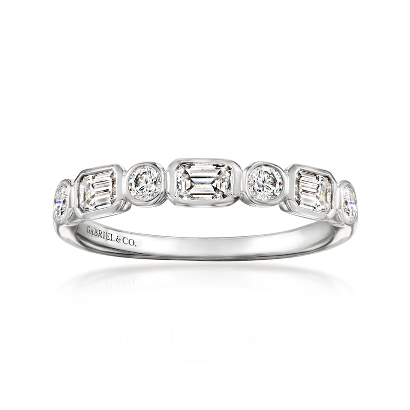 14kt white gold diamond band with five emerald-cut and round diamonds