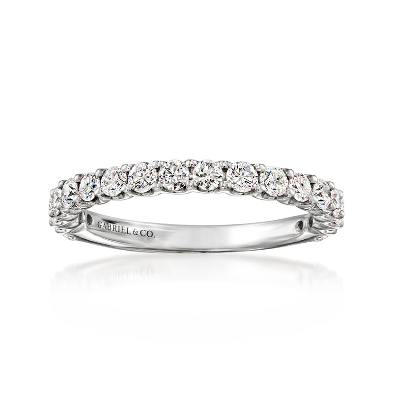 14kt white gold diamond ring with round stones in a continuous band