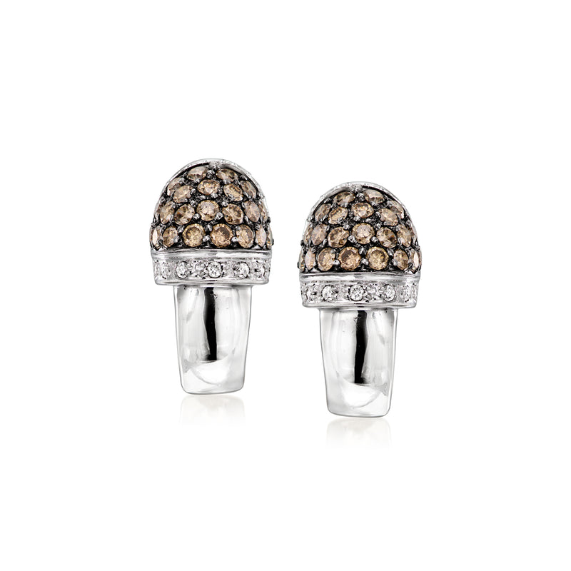 Curved dome diamond earrings in white gold with brown and white stones
