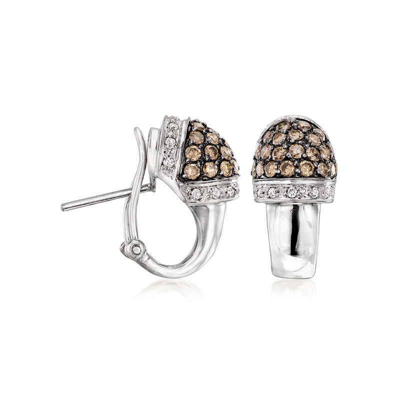 Curved dome diamond drop earrings in white gold with brown and white stones, post backing