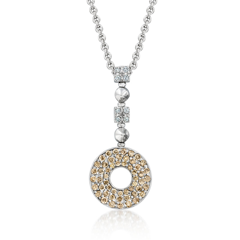 14kt white gold diamond circle pendant necklace with brown and white stone halo