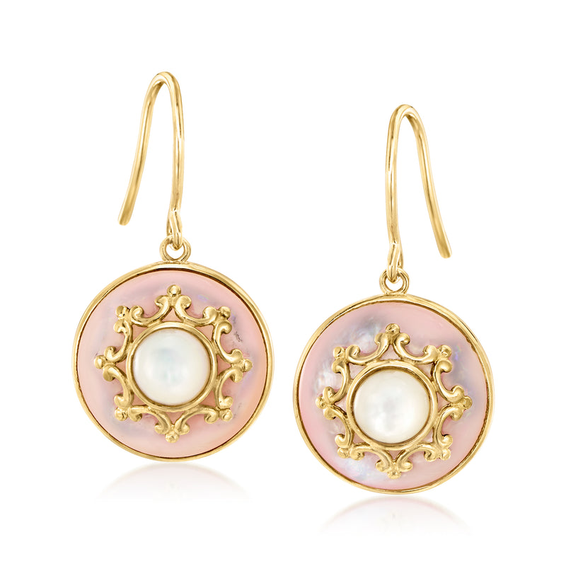 14kt yellow gold drop earrings with pink mother-of-pearl discs and white center stones