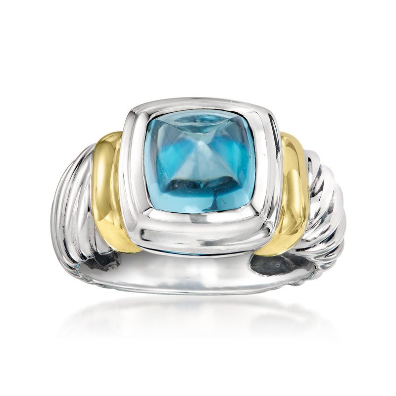 Square sky-blue topaz ring in sterling silver with 14kt yellow gold accents