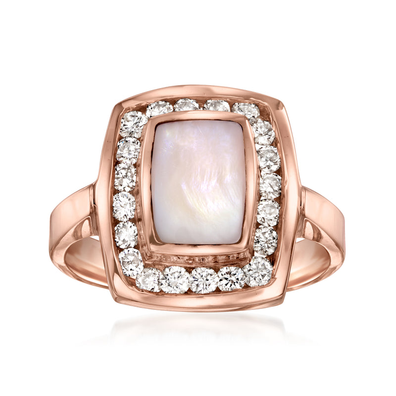 14kt rose gold ring with square mother-of-pearl center and diamond halo