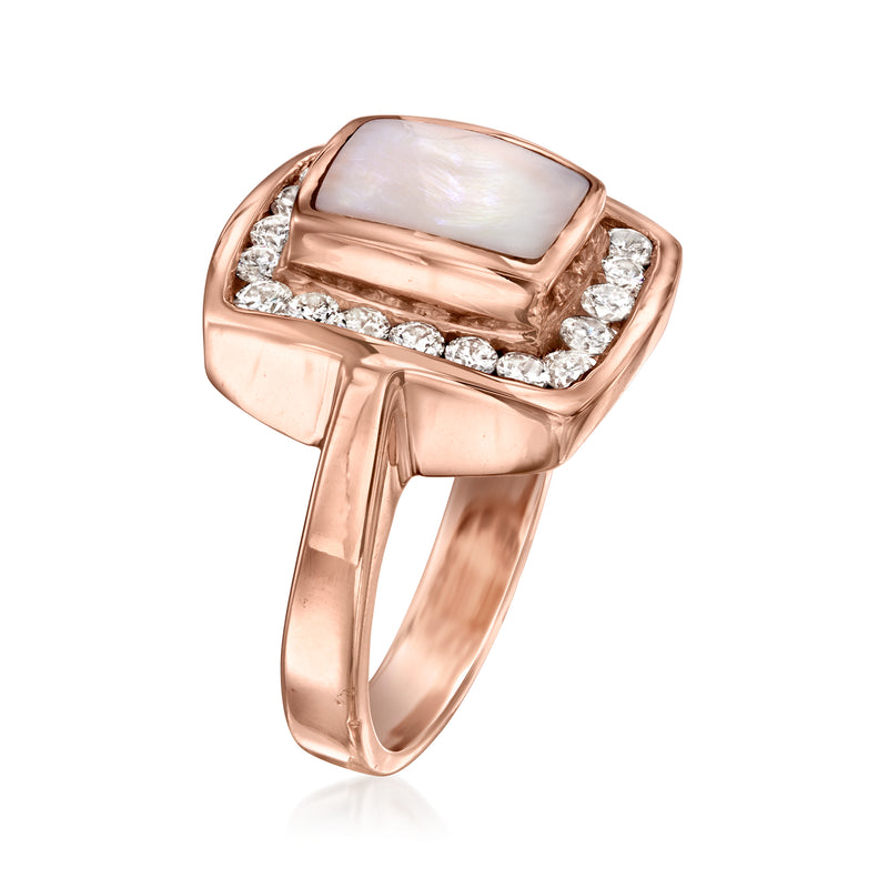 Vintage peach mother-of-pearl ring in 14kt rose gold with diamond halo
