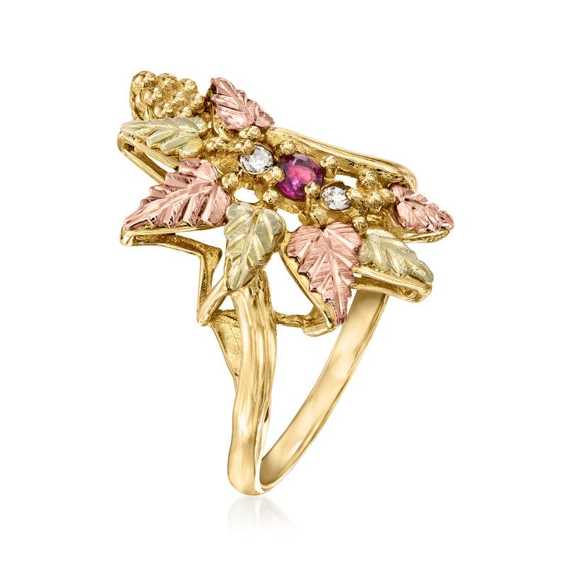 Two-tone gold leaf ring with pink ruby stone and round clear diamond accents, side view