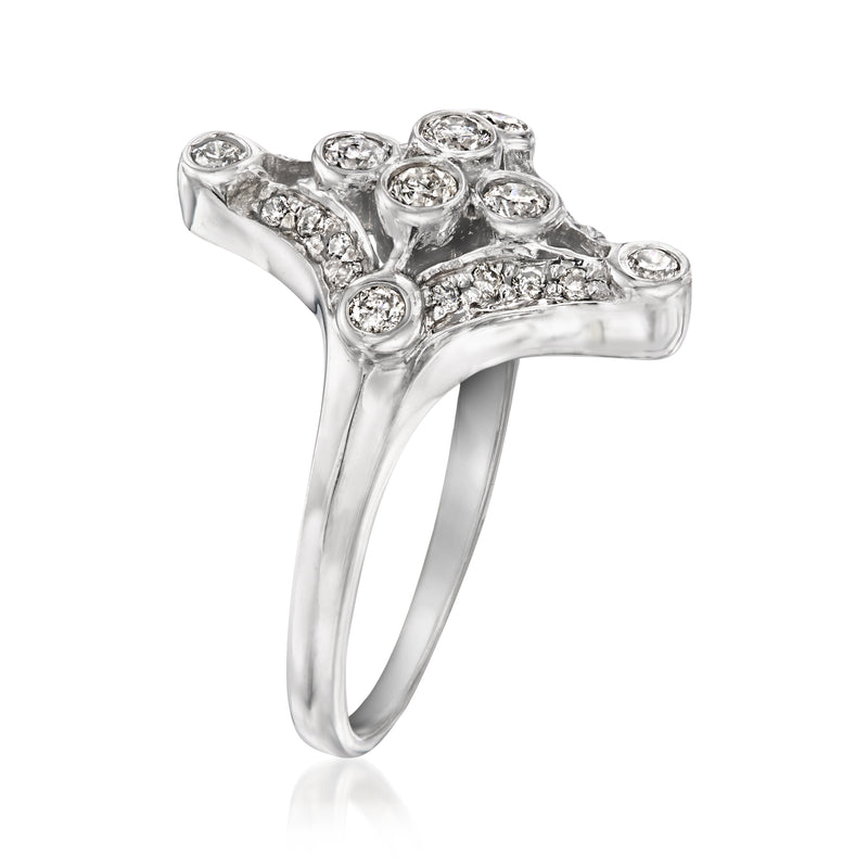 14kt white gold diamond ring, side view, starburst setting with round stones